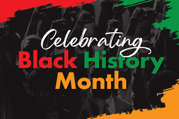 image that says Black History Month in front of a background where there are individuals with their fists raised