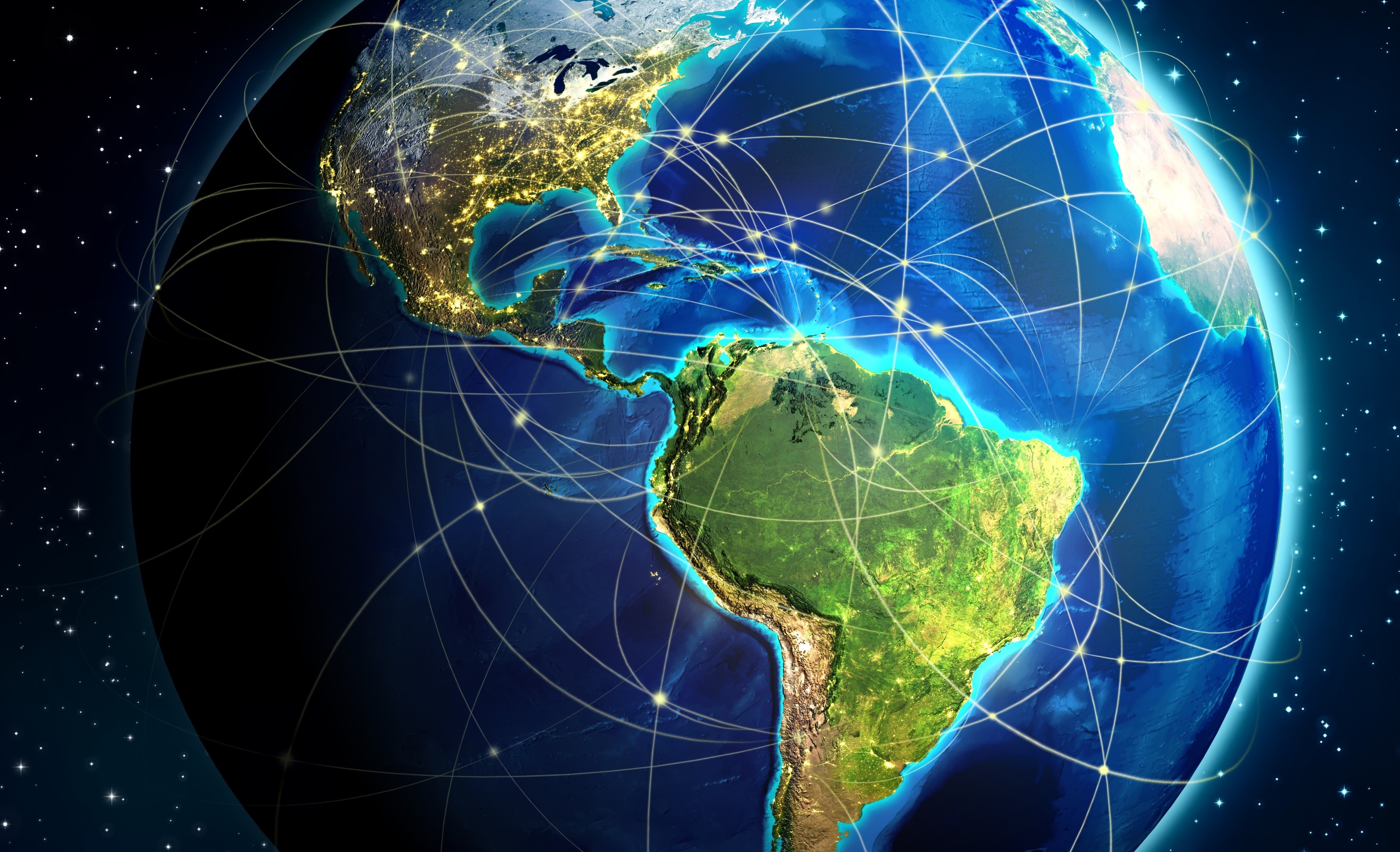 3D globe of the Americas with flight routes